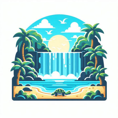 Waterfall flat icon. Vector illustration of waterfalls on the island.のイラスト素材