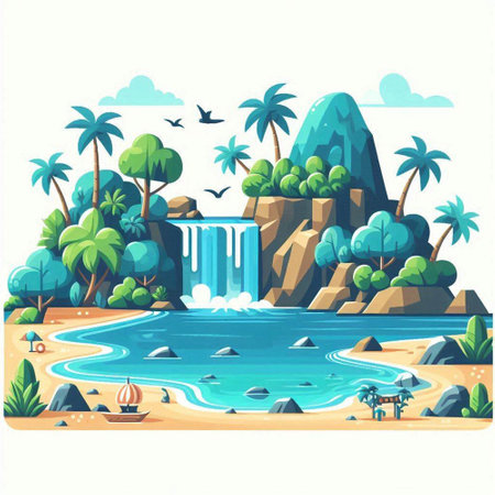 Tropical island with a waterfall. Vector illustration in cartoon styleのイラスト素材