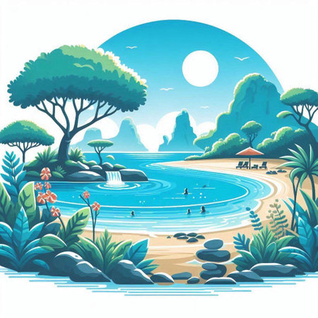 Tropical landscape with lake and waterfall. Vector illustration in cartoon styleのイラスト素材