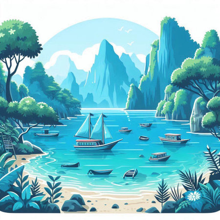 Landscape with boats on the sea and mountains. Vector illustration.のイラスト素材