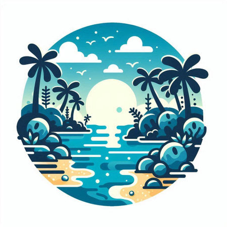 Tropical island with palm trees and sea. Vector illustration.のイラスト素材