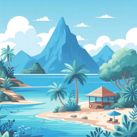 Seascape with palm trees and bungalows. Vector illustrationのイラスト素材