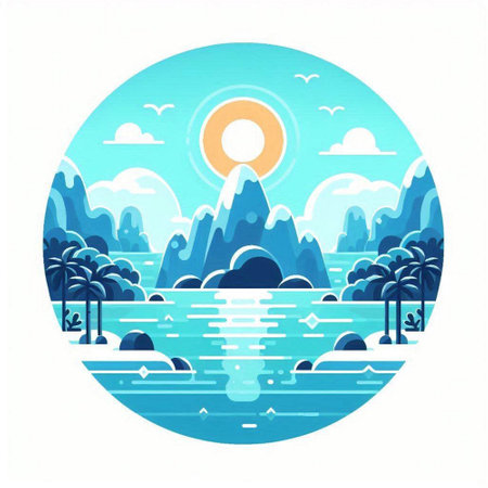 Landscape with mountains, trees and lake. Vector illustration in flat styleのイラスト素材