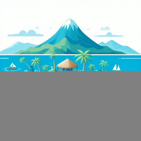 Illustration of the island in the sea and the volcano on a white backgroundのイラスト素材