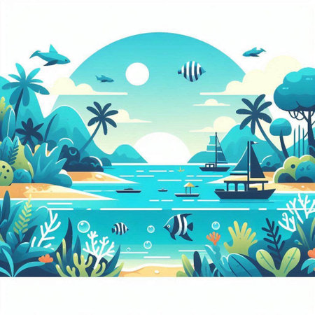 Tropical island with palm trees, palm trees, fish, sailboats and palms. Vector illustration.のイラスト素材