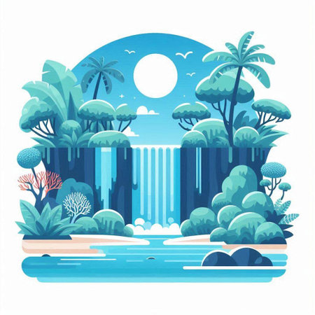 Waterfall in the tropics. Vector illustration in flat style.のイラスト素材