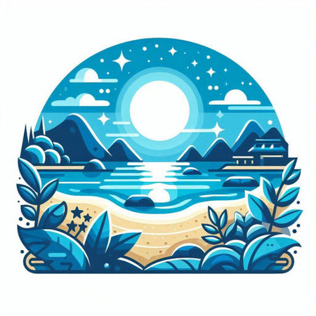 Vector illustration of a summer landscape with sea and mountains. Flat style.のイラスト素材