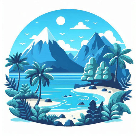 Beautiful landscape with mountains and ocean. Vector illustration in a flat style.のイラスト素材