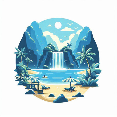 Tropical landscape with waterfall and palm trees. Vector illustration.のイラスト素材