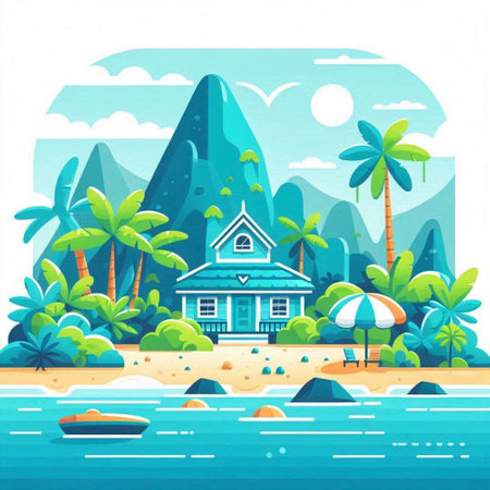 Tropical island with bungalows and palm trees. Vector illustrationのイラスト素材