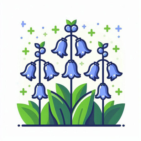 Bluebells, flowers and leaves. Vector illustration in flat style.のイラスト素材