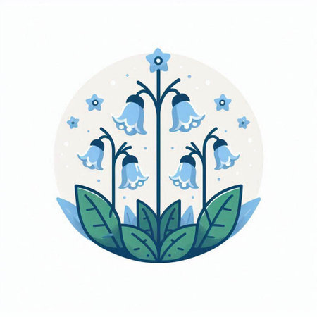 Bluebell flower with leaves in circle. Vector illustration in flat style.のイラスト素材