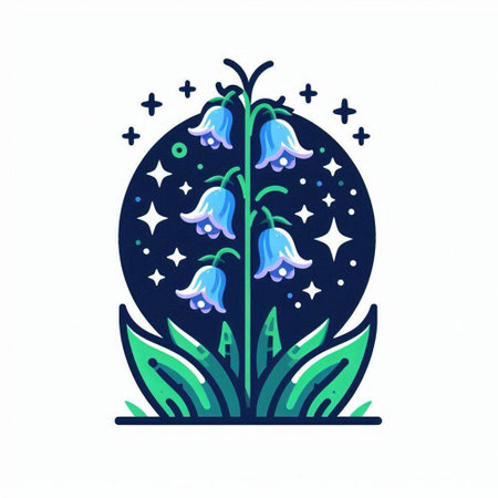 Illustration of bluebells in the night sky with stars.のイラスト素材