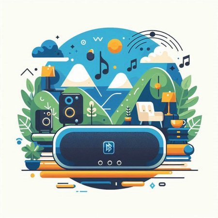 Vector illustration of audio system in flat style. Music player, headphones, speakers, home stereo.のイラスト素材