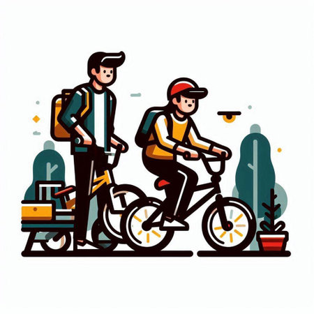 Vector illustration of a man riding a bicycle with his friend in the parkのイラスト素材