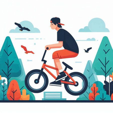 Cyclist riding a bike in the park. Flat vector illustration.のイラスト素材