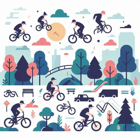 Vector illustration of people riding bicycles in the park. Flat style.のイラスト素材
