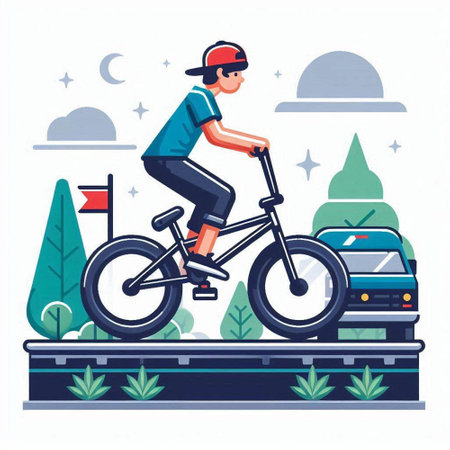Cyclist riding on the road. Vector illustration in flat styleのイラスト素材