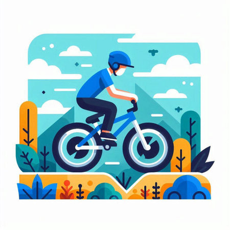 Cyclist riding bicycle in park flat vector illustration. Cartoon man in helmet and helmet riding bicycle on background of nature landscape. Extreme sport and healthy lifestyle conceptのイラスト素材