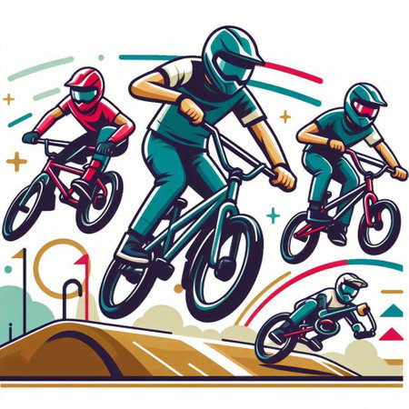Bmx bikers jumping on the road. Extreme sport vector illustrationのイラスト素材