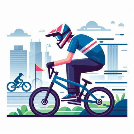 Cyclist in helmet riding bicycle on the street. Flat vector illustration.のイラスト素材