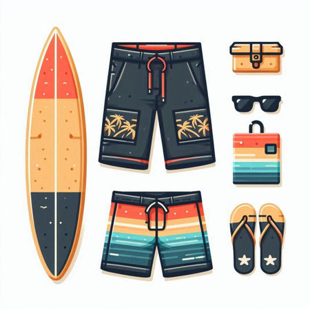 Summer vacation set with surfboard, shorts and sunglasses. Vector illustrationのイラスト素材