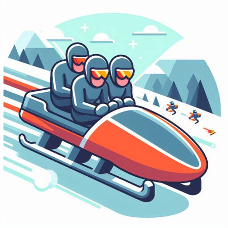Group of people sledding down the hill in winter. Cartoon vector illustration.のイラスト素材