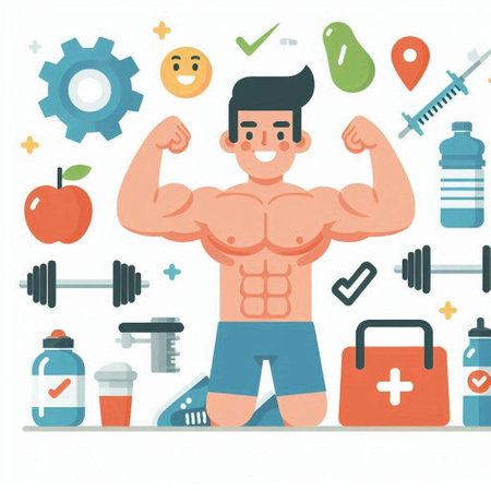 Fitness man bodybuilder with dumbbells and sport equipment. Vector illustrationのイラスト素材