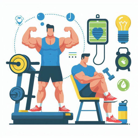 Muscular man doing exercises with dumbbells. Vector illustration in flat styleのイラスト素材