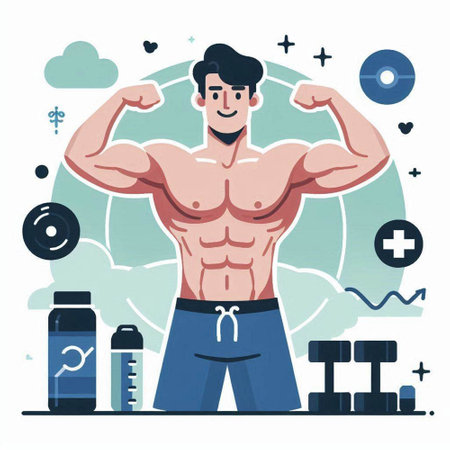 Healthy lifestyle concept vector illustration in flat cartoon style. Muscular bodybuilder.のイラスト素材