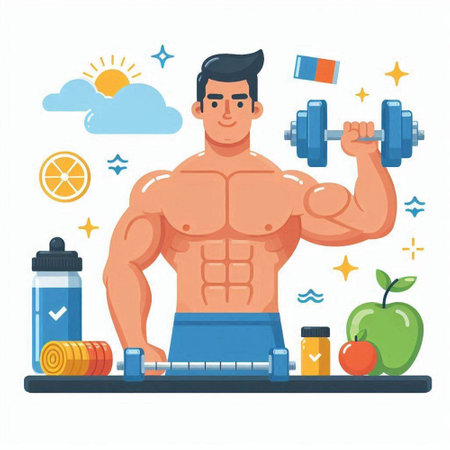 Fitness man with dumbbells and sport equipment. Vector illustrationのイラスト素材