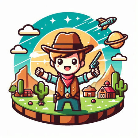 Cartoon cowboy on the background of the landscape. Vector illustration.のイラスト素材