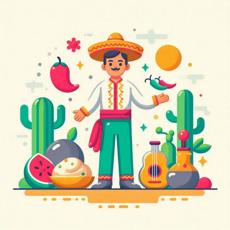 Mexican man with sombrero and tequila. Vector illustrationのイラスト素材