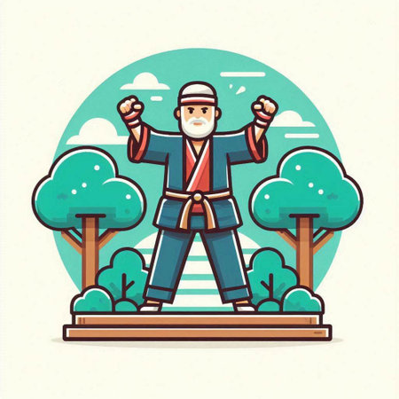 Kung fu fighter in the park. Vector illustration in flat styleのイラスト素材