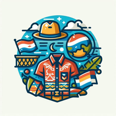 Vector linear illustration of biker outfit, hat, sunglasses, t-shirt, bag, basket, flag.のイラスト素材