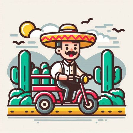 Cinco de Mayo. Mexican man in sombrero driving a motorbike. Vector illustrationのイラスト素材