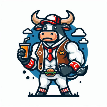 Illustration of a bull holding a cup of coffee and a hamburgerのイラスト素材