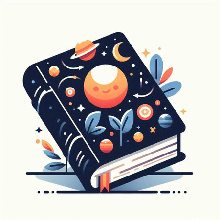 Vector illustration of an open book with the image of planets and stars.のイラスト素材
