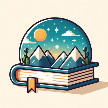 Vector illustration of open book with mountains and sun in the sky.のイラスト素材