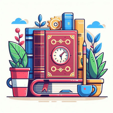 Books, clock and coffee cup in flat style. Vector illustration.のイラスト素材