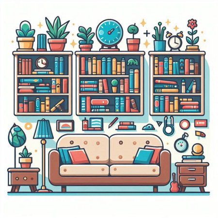 Living room interior with sofa, bookshelf, books, plants and other items. Vector illustration.のイラスト素材