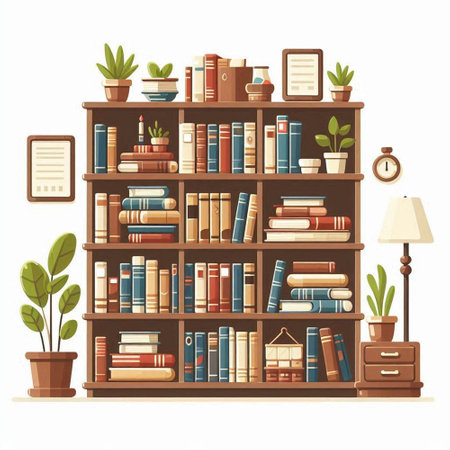 Bookshelf with books and plants. Vector illustration in flat styleのイラスト素材