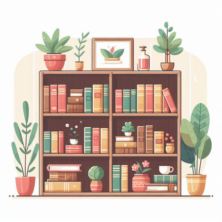 Bookshelf with books and potted plants. Vector illustration.のイラスト素材