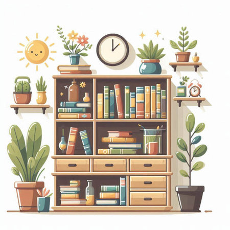 Vector illustration of a bookshelf with books, plants and clocksのイラスト素材