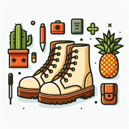 Flat line design style vector illustration of hiking boots, backpack, cactus, cactus, compass, passport, flash drive and other accessories for trekking.のイラスト素材