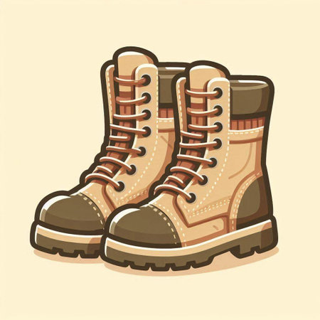 Illustration of a pair of hiking boots on a beige backgroundのイラスト素材