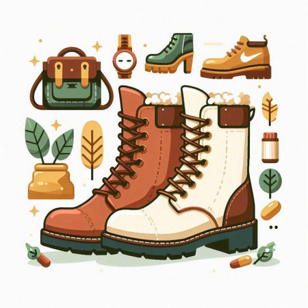 Vector illustration of a set of shoes and accessories for hiking and trekking.のイラスト素材