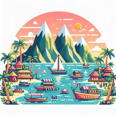 Tropical island with palm trees and boats. Vector illustration.のイラスト素材