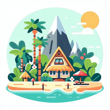 Bungalows and bungalows on the beach. Vector illustrationのイラスト素材