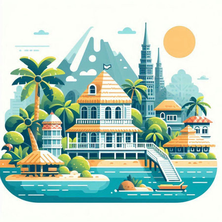 Palm trees and tropical island in flat style. Vector illustration.のイラスト素材